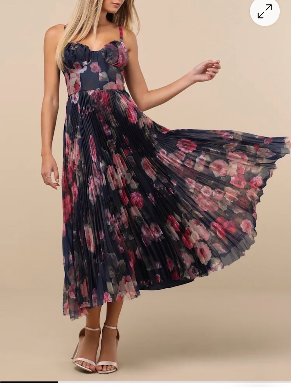 Lulus Floral Pleated Midi Dress in Navy and Pink